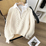 Sweater Autumn And Winter Splicing Women's Shirt Wear Design Niche Collar Loose Jaflage Shirt Fake Two