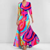 2025 Women's Fashion Elegant Temperament V-Neck Print With Large Skirt Dress Dress Woman