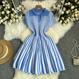 French-Style Retro-Necked Short-Sleeved Striped Knitted Dress Female Waist Temperament Thin A-Word Dress