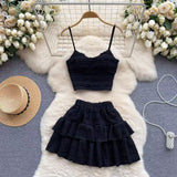 French Temperament Sweet Age Reduction Short Sling Vest High Waist Fluffy Cake Skirt 2025 New Summer Suit