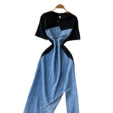 Korean Version Of Fashion Elegant Irregular Short Sleeve Splicing Diamond-Singed Waist Denim Dress Women's Summer Open Fork Long Dress