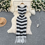 Goddess Fan Temperament Body-In-County-Necked Sleeveless Striped Knitted Dress Women's Summer Tight-Dled Ass Tuxedo Dress