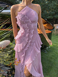 2025 Summer Women's New Temperament Of The Famous Lotus Leaves Side Fold Hanging Neck Hanging Dress Dress Dress Dress Dress