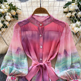 2025 Spring Dress Women's New Dress Elegant Collar Lantern Sleeves To Close The Waist Print Lotus Leaf Side Skirt