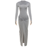 Women's 2025 Summer New Round Neck Fashion Sexy Body Folding Fork Long Sleeve Skirt Set