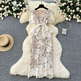 High-End Small Scented Dress Female Elegant Diamond Buckle Clame Collar Short-Sleeved Hollow Lace Dress