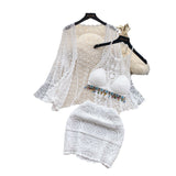 Seaside Wearing A Holiday Style Suit Female Retro Hook Hanging Neck Vest + Hollow Open Shirt + Half-Dress Three-Piece Set