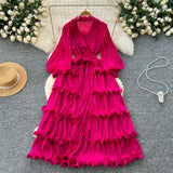 2025 New Elegant Dress Spring Dress High-End Retro Collar Lantern Sleeves To Close Waist Lotus Leaves Side Pressure Skirt Dress Woman
