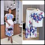 Miyaji Fashion Set Women's Summer French High-Grade Folding Print Short-Sleeved Top + Loose A Word 100-Fold Long Skirt