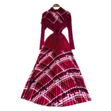 Light Luxury Elegant Dress Women's Fashion Collar Double Buckle Waist Long Sleeve Splicing Print 100 Folds Long Skirt