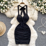 Hottie Wind Hanging Neck Sling Dress Women Summer Shiny Folds Design Ass Short Skirt