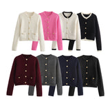 Golden Buckle-Repair Knitted Cardigan 2025 Spring Collar Bag Long-Sleeved Women's Sweater Coat