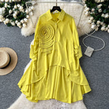 Korean Version Of High-End Sense Polo Collar Shirt Women Autumn Three-Dimensional Flowers Loose Irregular Folding Tail Design Top