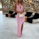 2025 Summer New Sexy Fashion Tight Solid Color Knitting Pit Side Open Dress Women's Clothing