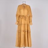 Elegant Temperament Dress 2025 New V-Neck Lantern Sleeves Folded Long Silk Dress Dress
