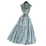 Light Ripe Wind Niche High-Grade Buckle Collar Sleeveless Roll-Lens Denim Dress Women's Summer Long Dress
