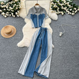 Summer Dress A Complete Set Of Women's Casual Retro Lap-Fleeled Fake Two Short-Sleeved Tops High-Waisted Spliced Denim Broad-Legged Trousers