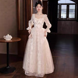 Pink Art Exam Evening Dress Woman 2025 New Long-Sleeved Light Luxury Small Temperament Long Banquet Host Ponpong Skirt