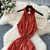 French Retro Style High-End Dye Hanging Neck Sleeveless Dress Women Summer Waist Design Beautiful Swing Dress