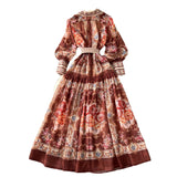 Vintage Court Print Flip Lantern Sleeves To Close Waist Single Buckle Dress Women Thin Elegant Long Dress