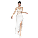2025 Winter New Women's Hottie Street Irregular Design Lace Splicing Perspective Showback Dress
