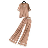 Korean Version Of Retro Fashion Collar Collar Short-Sleeved Knitting Top + High-Waisted Casual Broad-Legged Trousers 2025 Summer Set