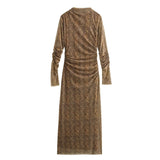 Women's Clothing 2025 Spring New Printing Mesh Collar Long Sleeve Folded Long Dress