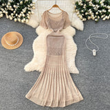 Korean Women's Clothing Holiday Wear Gentle Wind Hollow Hook Flower Knitting Dress + Sling Skirt