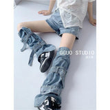 Vibe Hottie Fried Street Wash Denim Leg Set Design Strap Pile Trousers Calves Denim Shorts Cover