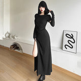 In The Fall Of 2025, The New Women's Folded Hooded Desert Body Repair Waist-Skin Open-Fork-Packed Dress