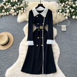 High-Grade Small Fragrant Style Trendy Collar Long Sleeve Metal Double Buckle Waist Thin Temperament Knitted Dress