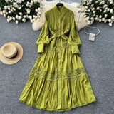 French High-End Retro Lace Splicing Pearl Single Buckle Thin Temperament Collar Lantern Sleeve Dress