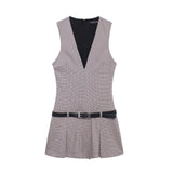 Women's Clothing 2025 Autumn And Winter New Waist Bandwidth V-Neck Sleeveless Checker Mini Dress