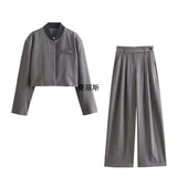 2025 New Women's Loose Casual Long-Sleeved Striped Jacket Top High Waist Wide Leg Trousers Set