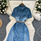 Light Familiar Style Niche Fashion Short-Sleeved Wave Dot Denim Dress Women's Waist Thin Temperament Elegant A-Word Shirt Skirt
