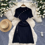 Cousin Temperament Half-High Collar Short-Sleeved Dress Female Design Button-Skinny Open Fork Medium Long Knitting Skirt