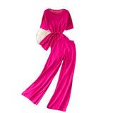 Fashion Suit Goddess Fan Irregularly Round Neck Knitted Top Two Sets Of High-Rise Thin Broad Leg Trousers