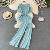 Fashion Suit Goddess Fan Irregularly Round Neck Knitted Top Two Sets Of High-Rise Thin Broad Leg Trousers
