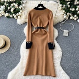 Autumn And Winter Small Fragrant Style Long-Sleeved Temperament Dress Elegant Metal Button Decoration Waist Open Fork Knitting Dress