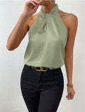 Women's Clothing 2025 Summer New Color Clove Hanging Neck Sleeveless Vest Ribbon Simulation Silk Top