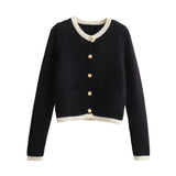 Golden Buckle-Repair Knitted Cardigan 2025 Spring Collar Bag Long-Sleeved Women's Sweater Coat