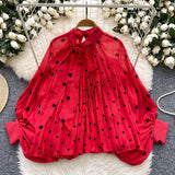 Chiffon Top Spring Fashion Bow Tie With Lantern Sleeves Long Sleeves Loose Shirt Woman