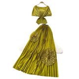 Three-House Folded Two Sets Of Women's Waist Repair Short Sleeve Pressure Folded Blouse Flowers High Waist 100 Folds Skirt