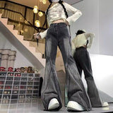 High Street Black And Gray Fashion Gradient Jeans Men And Women Retro Niche Design Sense Waist-Side Flared Trousers