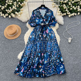 2025 Summer Dress New Niche Light Familiar Wind V To Receive Waist Thin Temperament French Pressure Folding Printing Chiffon Dress