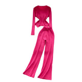 High-Grade Small Fragrant Wind Metal Collar Collar Repair Long-Sleeved Knitted Shirt Women High-Waist Casual Pants Two Sets