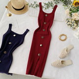Knitted Dress 2025 New Summer Temperament Square Collar Slim Thin Buckle Sleeveless Vest Open Bottom Skirt