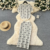 Knitted Suit Women's 2025 Summer High-End Round-Neck Short-Sleeved Bow Print Top High-Waisted Hip Skirt