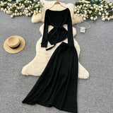 French Temperament Wears A Female Autumn And Winter Design Sense Of Irregular Strap To The Waist Long-Sleeved Knitted Shirt + High Waist Half-Dress