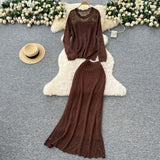 Gentle Wind High-End Sleek Crochet Knitting Set Of Women's Round Collar Long Sleeve Blouse High-Waisted Hip Skirt